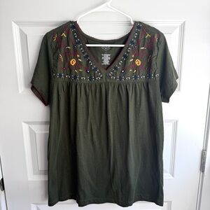 St. John’s Bay Green Embroidered Blouse Size Large Boho Floral Cotton Blend Top